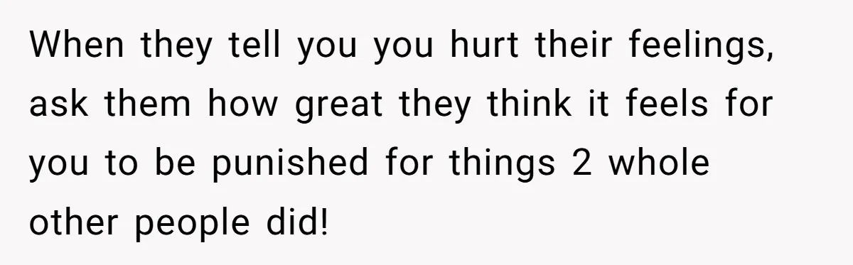 When they tell you you hurt their feelings, ask them how great they think it feels for you to be punished for things 2 whole other people did!