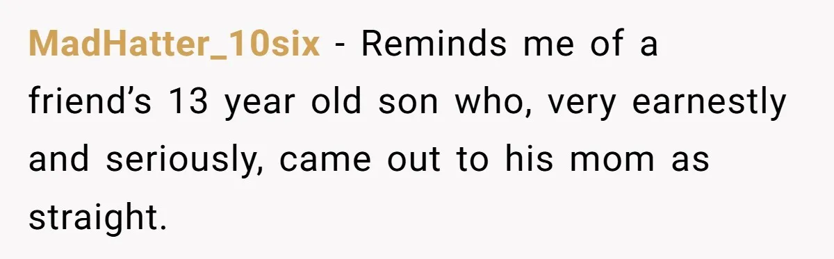 MadHatter_10six − Reminds me of a friend’s 13 year old son who, very earnestly and seriously, came out to his mom as straight.