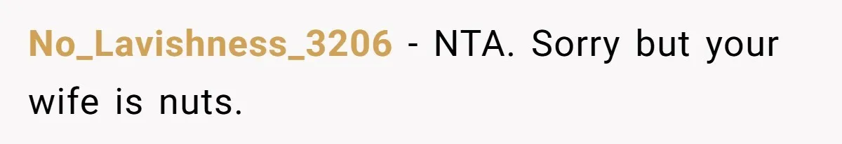 No_Lavishness_3206 − NTA. Sorry but your wife is nuts.
