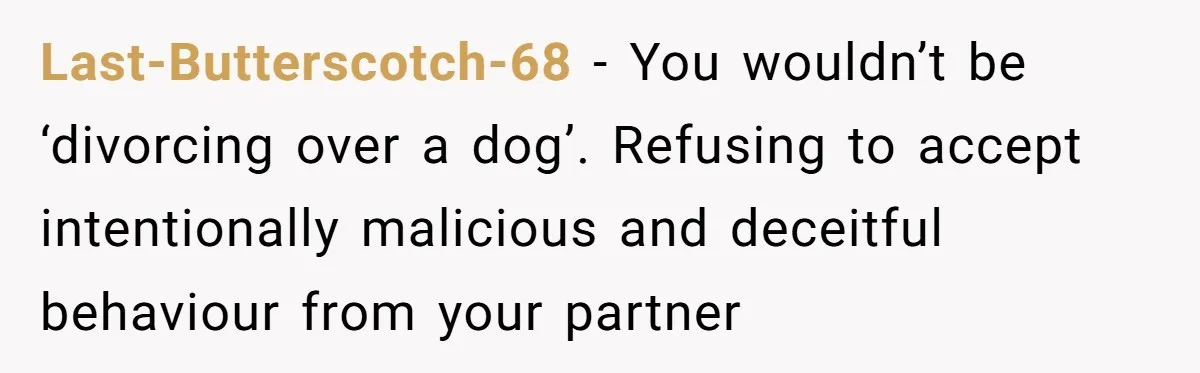Last-Butterscotch-68 − You wouldn’t be ‘divorcing over a dog’. Refusing to accept intentionally malicious and deceitful behaviour from your partner