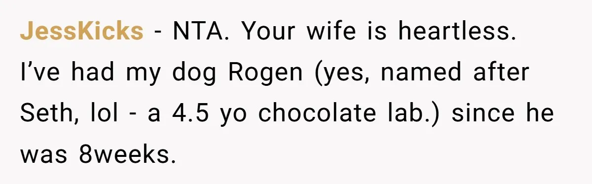JessKicks − NTA. Your wife is heartless. I’ve had my dog Rogen (yes, named after Seth, lol - a 4.5 yo chocolate lab.) since he was 8weeks.