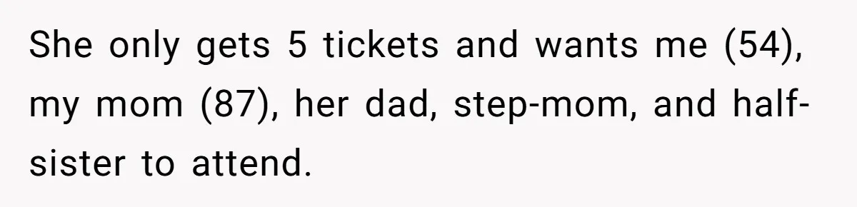 She only gets 5 tickets and wants me (54), my mom (87), her dad, step-mom, and half-sister to attend.