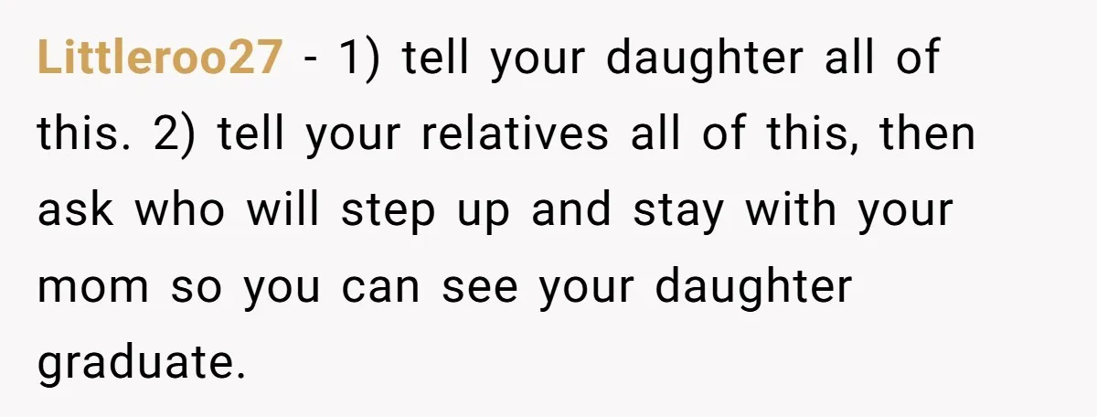 Littleroo27 − 1) tell your daughter all of this. 2) tell your relatives all of this, then ask who will step up and stay with your mom so you can...
