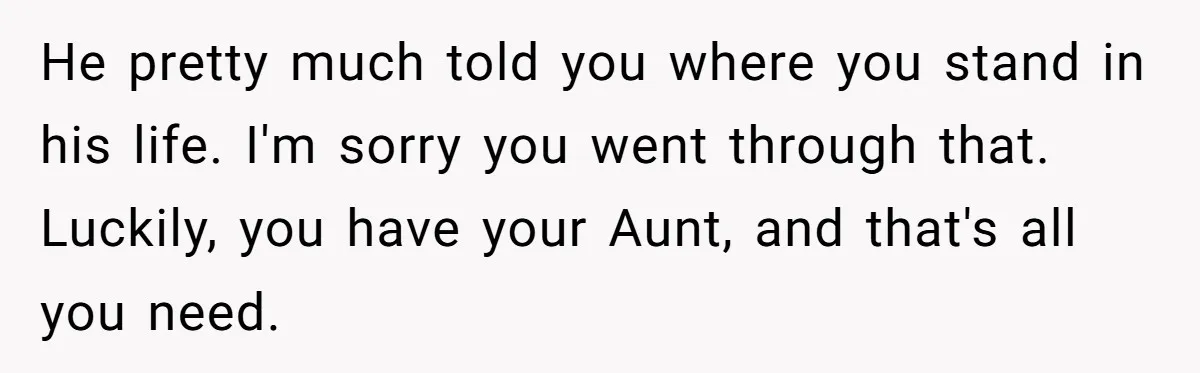 He pretty much told you where you stand in his life. I'm sorry you went through that. Luckily, you have your Aunt, and that's all you need.