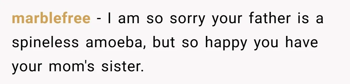 marblefree − I am so sorry your father is a spineless amoeba, but so happy you have your mom's sister.