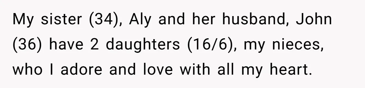 My sister (34), Aly and her husband, John (36) have 2 daughters (16/6), my nieces, who I adore and love with all my heart.