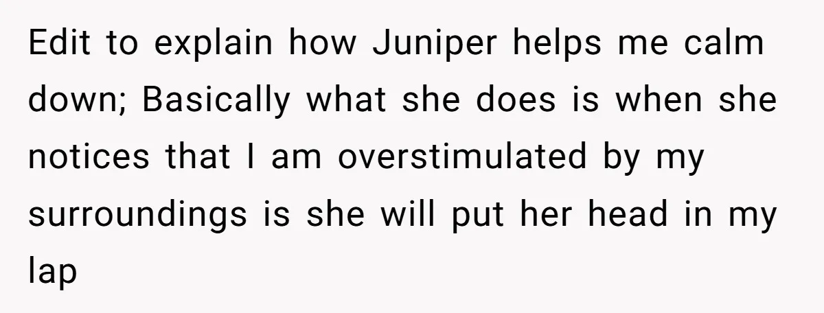 Edit to explain how Juniper helps me calm down; Basically what she does is when she notices that I am overstimulated by my surroundings is she will put her head...