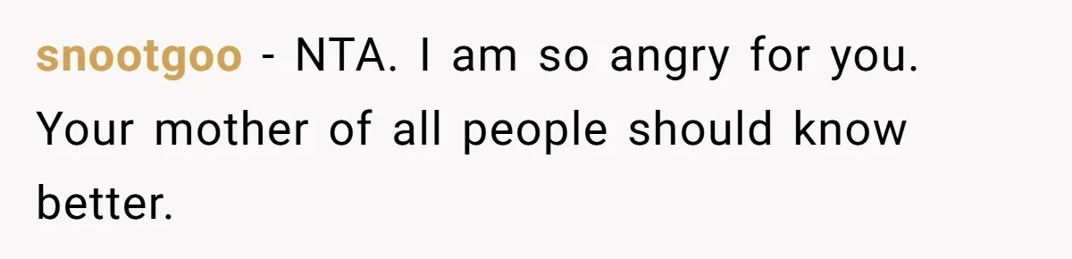 snootgoo − NTA. I am so angry for you. Your mother of all people should know better.