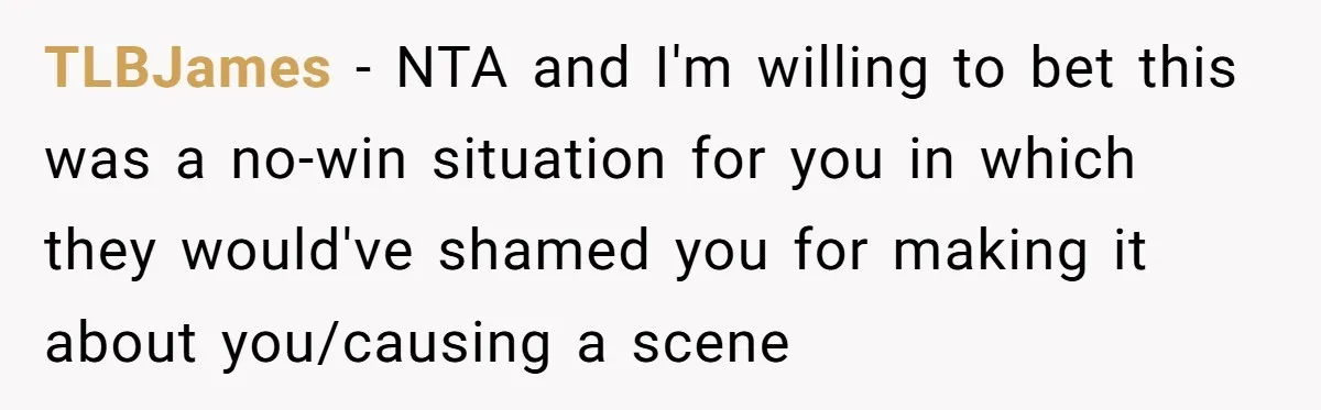 TLBJames − NTA and I'm willing to bet this was a no-win situation for you in which they would've shamed you for making it about you/causing a scene