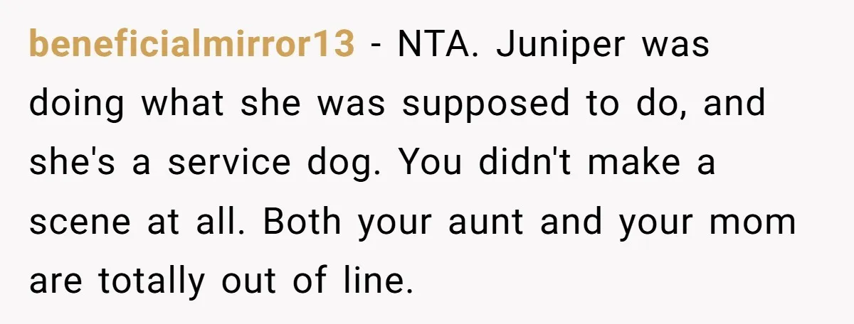 beneficialmirror13 − NTA. Juniper was doing what she was supposed to do, and she's a service dog. You didn't make a scene at all. Both your aunt and your mom...