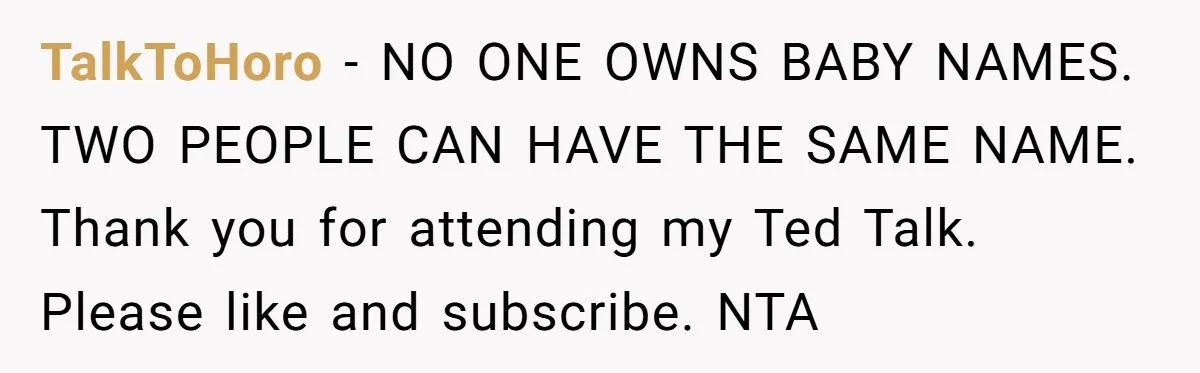 TalkToHoro − NO ONE OWNS BABY NAMES. TWO PEOPLE CAN HAVE THE SAME NAME. Thank you for attending my Ted Talk. Please like and subscribe. NTA