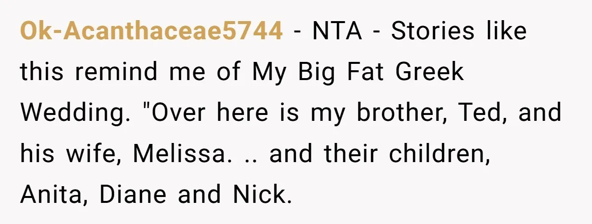 Ok-Acanthaceae5744 − NTA - Stories like this remind me of My Big Fat Greek Wedding. "Over here is my brother, Ted, and his wife, Melissa. .. and their children, Anita,...