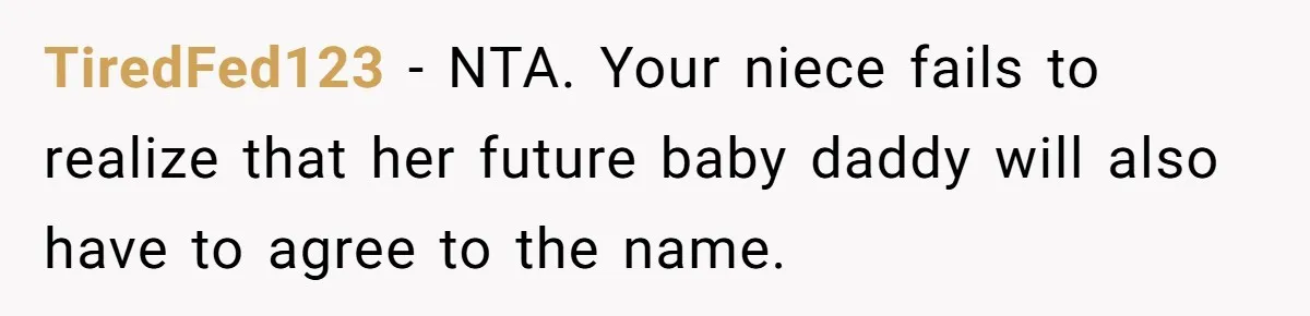 TiredFed123 − NTA. Your niece fails to realize that her future baby daddy will also have to agree to the name.