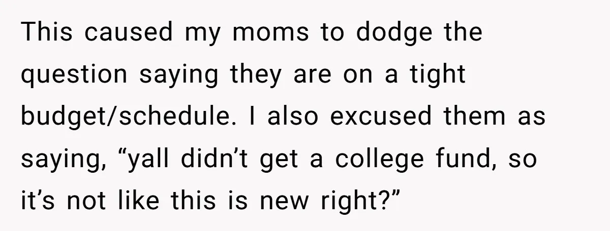 This caused my moms to dodge the question saying they are on a tight budget/schedule. I also excused them as saying, “yall didn’t get a college fund, so it’s not...