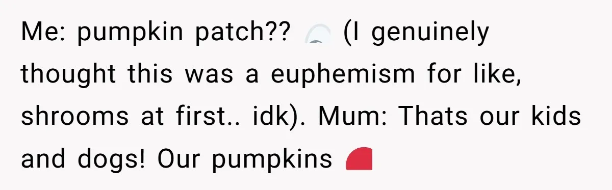 Me: pumpkin patch?? 👀 (I genuinely thought this was a euphemism for like, shrooms at first.. idk). Mum: Thats our kids and dogs! Our pumpkins ❤️