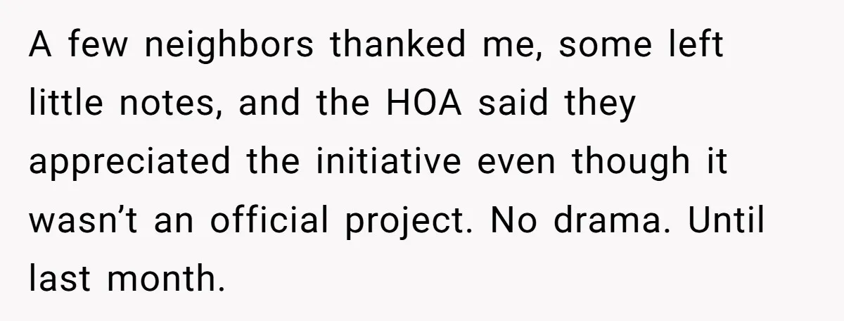 A few neighbors thanked me, some left little notes, and the HOA said they appreciated the initiative even though it wasn’t an official project. No drama. Until last month.