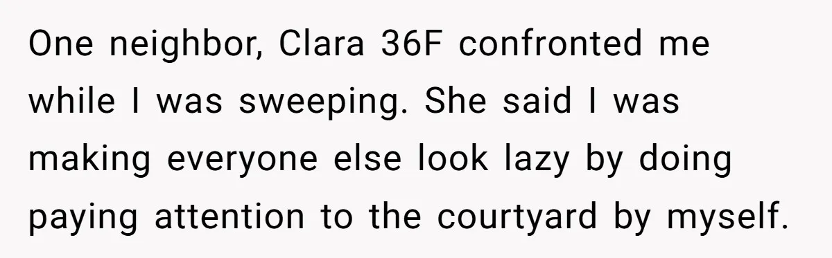 One neighbor, Clara 36F confronted me while I was sweeping. She said I was making everyone else look lazy by doing paying attention to the courtyard by myself.