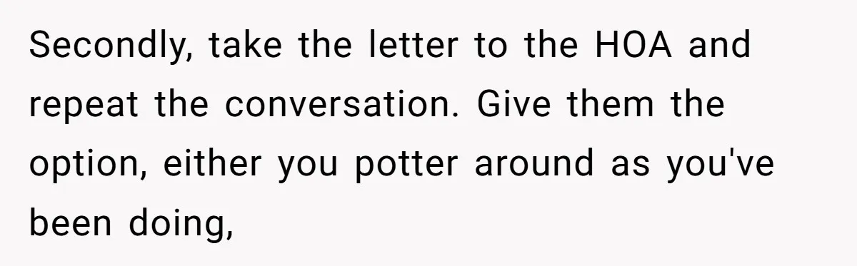 Secondly, take the letter to the HOA and repeat the conversation. Give them the option, either you potter around as you've been doing,