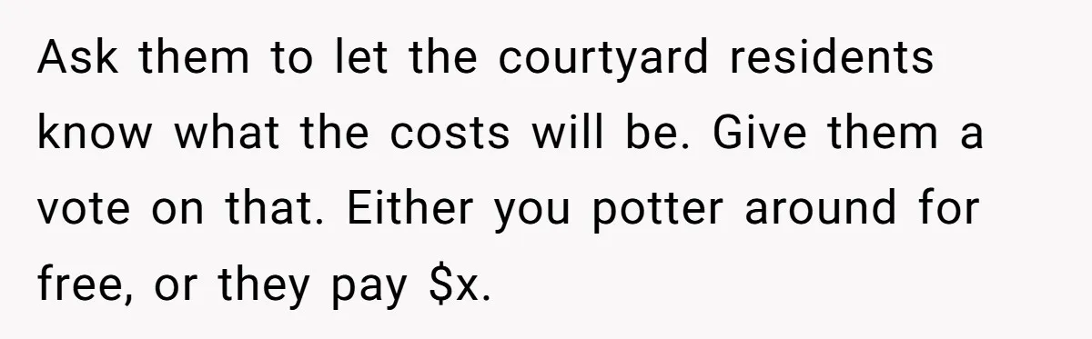 Ask them to let the courtyard residents know what the costs will be. Give them a vote on that. Either you potter around for free, or they pay $x.