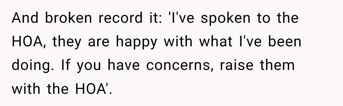 And broken record it: 'I've spoken to the HOA, they are happy with what I've been doing. If you have concerns, raise them with the HOA'.