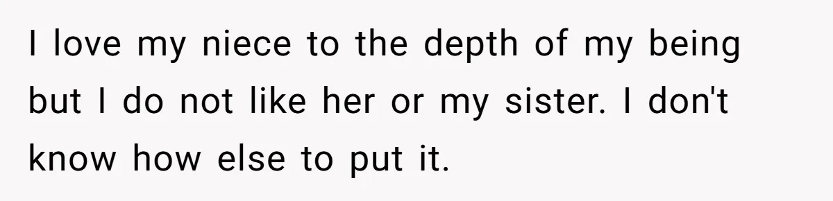 I love my niece to the depth of my being but I do not like her or my sister. I don't know how else to put it.