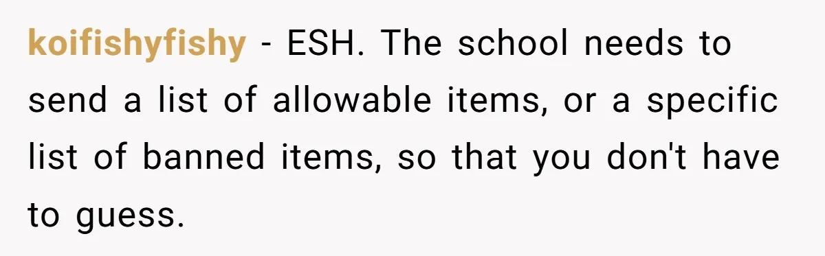 koifishyfishy − ESH. The school needs to send a list of allowable items, or a specific list of banned items, so that you don't have to guess.