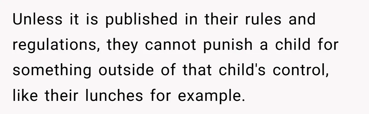 Unless it is published in their rules and regulations, they cannot punish a child for something outside of that child's control, like their lunches for example.