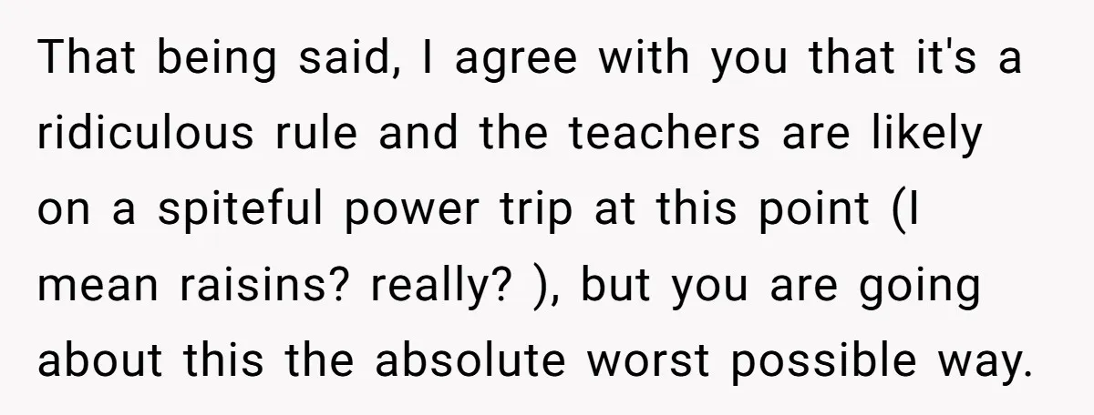 That being said, I agree with you that it's a ridiculous rule and the teachers are likely on a spiteful power trip at this point (I mean raisins? really? ),...