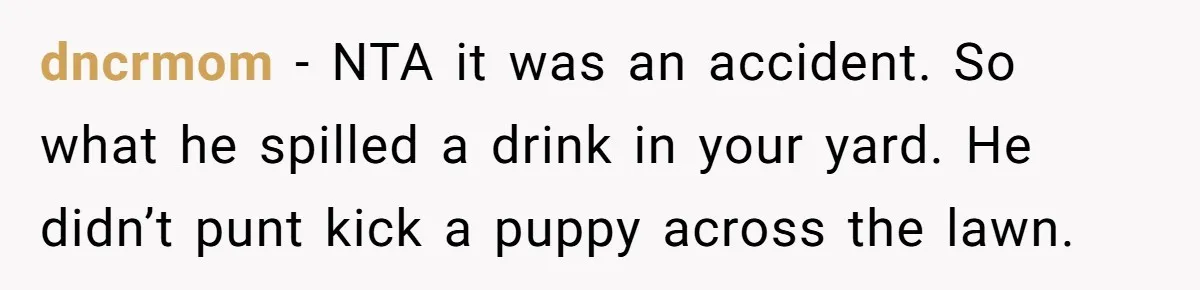 dncrmom − NTA it was an accident. So what he spilled a drink in your yard. He didn’t punt kick a puppy across the lawn.