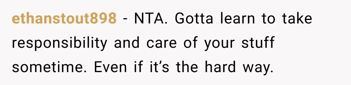 ethanstout898 − NTA. Gotta learn to take responsibility and care of your stuff sometime. Even if it’s the hard way.
