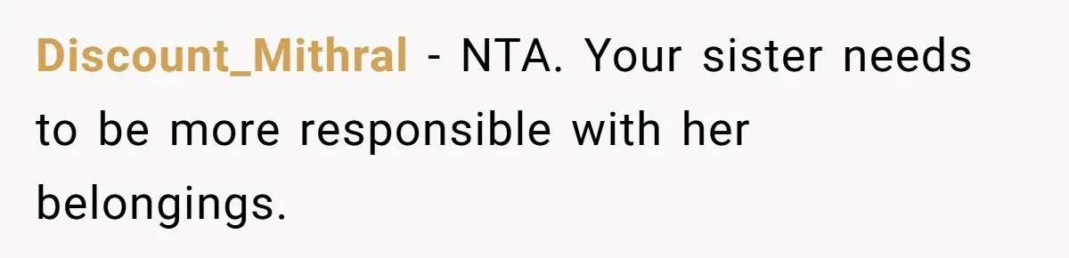 Discount_Mithral − NTA. Your sister needs to be more responsible with her belongings.