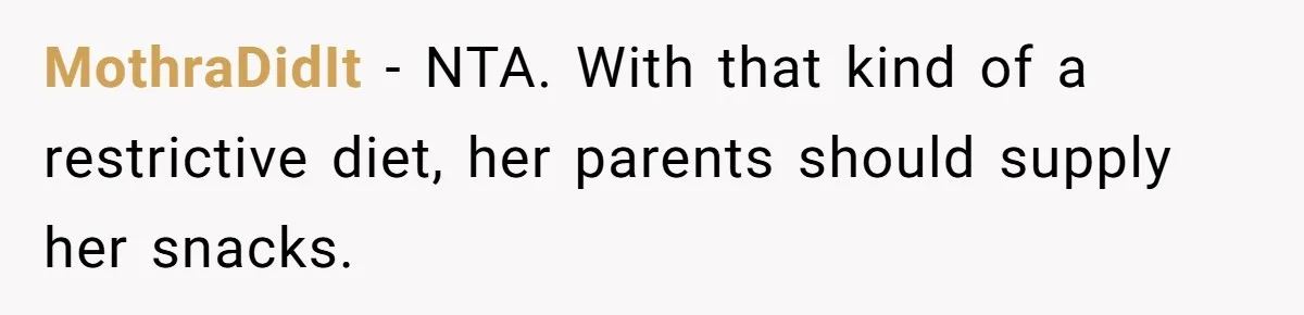 MothraDidIt − NTA. With that kind of a restrictive diet, her parents should supply her snacks.