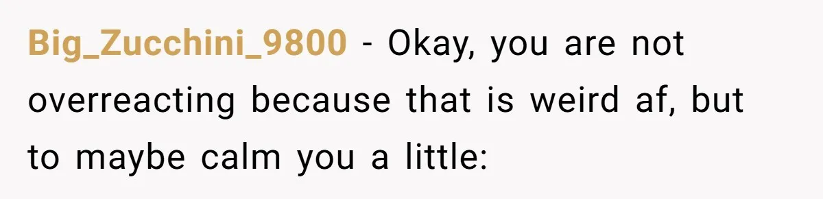 Big_Zucchini_9800 − Okay, you are not overreacting because that is weird af, but to maybe calm you a little: