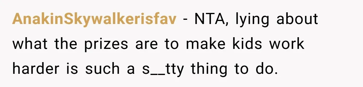 AnakinSkywalkerisfav − NTA, lying about what the prizes are to make kids work harder is such a s__tty thing to do.
