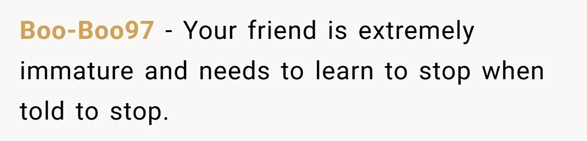 Boo-Boo97 − Your friend is extremely immature and needs to learn to stop when told to stop.