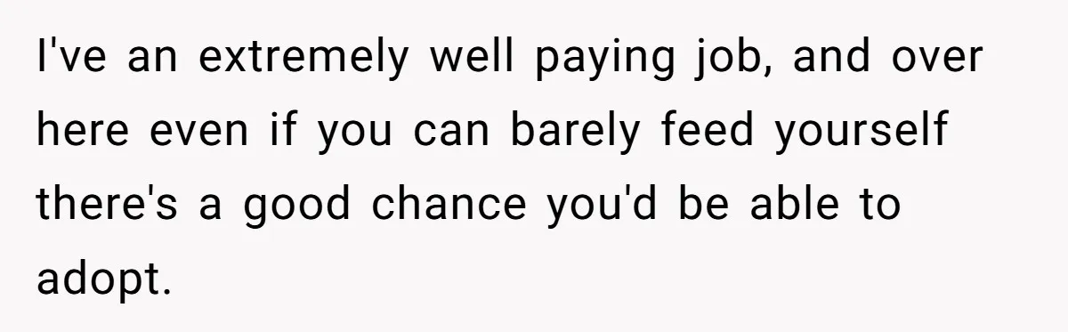 I've an extremely well paying job, and over here even if you can barely feed yourself there's a good chance you'd be able to adopt.