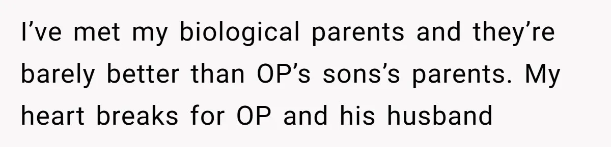 I’ve met my biological parents and they’re barely better than OP’s sons’s parents. My heart breaks for OP and his husband
