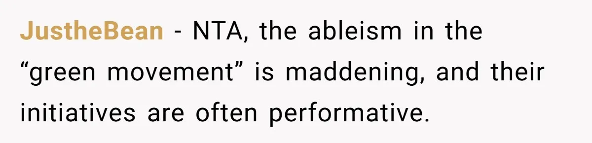 JustheBean − NTA, the ableism in the “green movement” is maddening, and their initiatives are often performative.