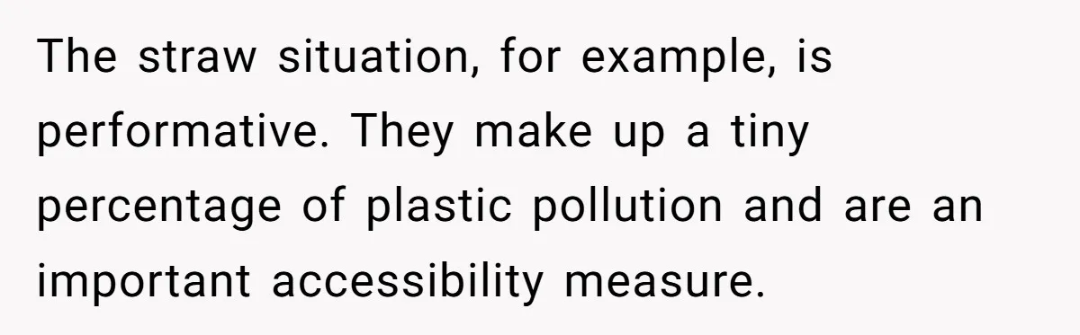 The straw situation, for example, is performative. They make up a tiny percentage of plastic pollution and are an important accessibility measure.