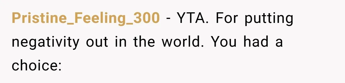 Pristine_Feeling_300 − YTA. For putting negativity out in the world. You had a choice: