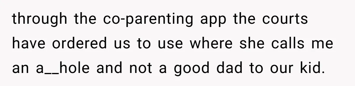 through the co-parenting app the courts have ordered us to use where she calls me an a__hole and not a good dad to our kid.