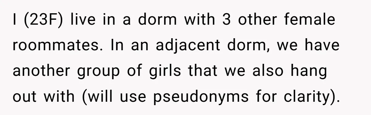 I (23F) live in a dorm with 3 other female roommates. In an adjacent dorm, we have another group of girls that we also hang out with (will use pseudonyms...