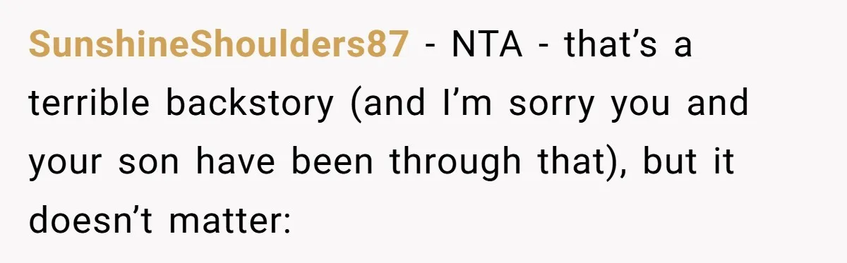 SunshineShoulders87 − NTA - that’s a terrible backstory (and I’m sorry you and your son have been through that), but it doesn’t matter: