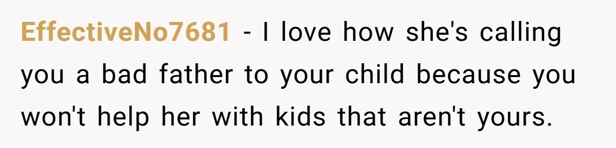 EffectiveNo7681 − I love how she's calling you a bad father to your child because you won't help her with kids that aren't yours.