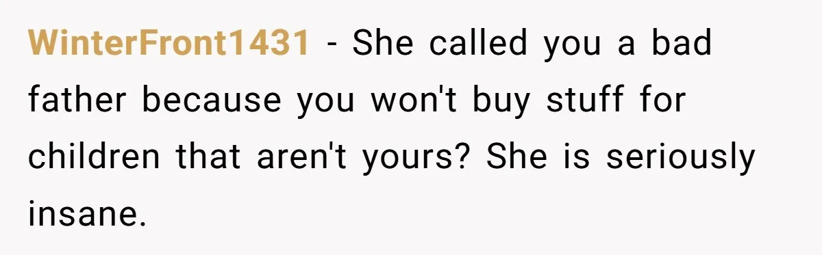 WinterFront1431 − She called you a bad father because you won't buy stuff for children that aren't yours? She is seriously insane.