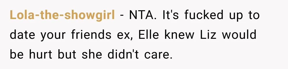 Lola-the-showgirl − NTA. It's fucked up to date your friends ex, Elle knew Liz would be hurt but she didn't care.