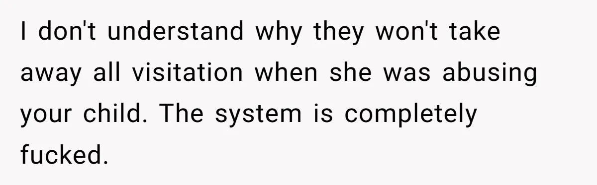 I don't understand why they won't take away all visitation when she was abusing your child. The system is completely fucked.