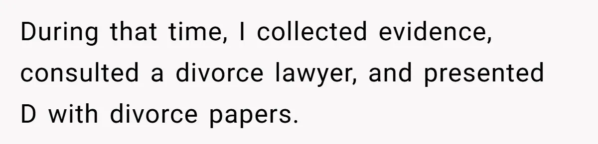 During that time, I collected evidence, consulted a divorce lawyer, and presented D with ​divorce papers.