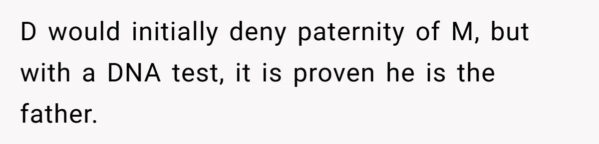 D would initially deny paternity of M, but with a DNA test, it is proven he is the father.
