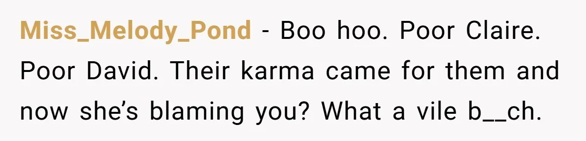 Miss_Melody_Pond − Boo hoo. Poor Claire. Poor David. Their karma came for them and now she’s blaming you? What a vile b__ch.